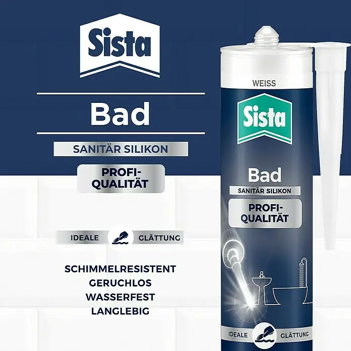 Sista Sanitär-Silikon Profi-Qualität Vorteilspack - Weiß, 280 ml - Abbildung des Sista Bad Sanitär Silikon, ein Qualitätsprodukt für Badezimmer, das schimmelresistent, geruchlos, wasserfest und langlebig ist.