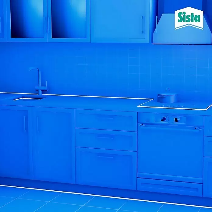 Sista Küchen-Silikon Bad & Küche - Transparent, 280 ml - Eine minimalistische, monochrom blaue Küche mit Spüle, Kochfeld und Geräten, umrandet mit weißen Linien.