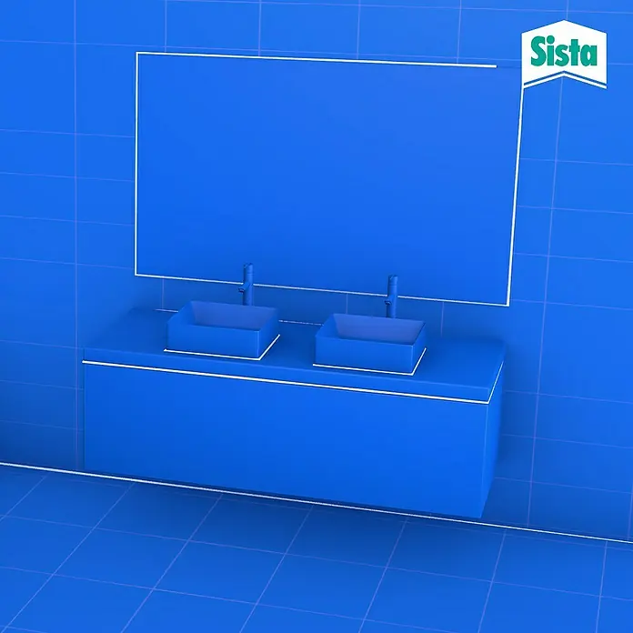 Sista Küchen-Silikon Bad & Küche - Transparent, 100 ml - Blaues Badezimmer-Interieur mit Doppelwaschbecken, Spiegel und dem Sista-Logo, das eine moderne und minimalistische Ästhetik betont.