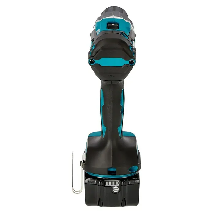 Makita LXT 18V Akku-Bohrschrauber DDF484RTJ - 18 V, 2 Akkus, 5 Ah, 54 Nm - Akkuschrauber mit blaugrünen Akzenten und einem Ladestandsanzeiger. Das Elektrowerkzeug ist gut verarbeitet und ideal für Heimwerkerprojekte.