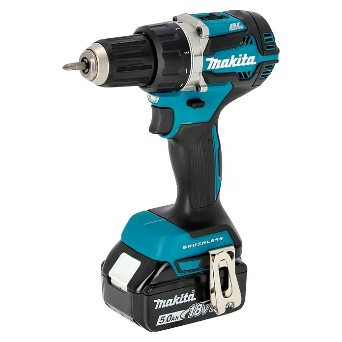 Makita LXT 18V Akku-Bohrschrauber DDF484RTJ + Artikelnr. 33855482 hinzufügen* - 18 V, 2 Akkus, 5 Ah, 54 Nm - Abbildung eines Makita Akku-Bohrschraubers. Ein unverzichtbares Werkzeug für Bauarbeiten und Heimwerkerprojekte.