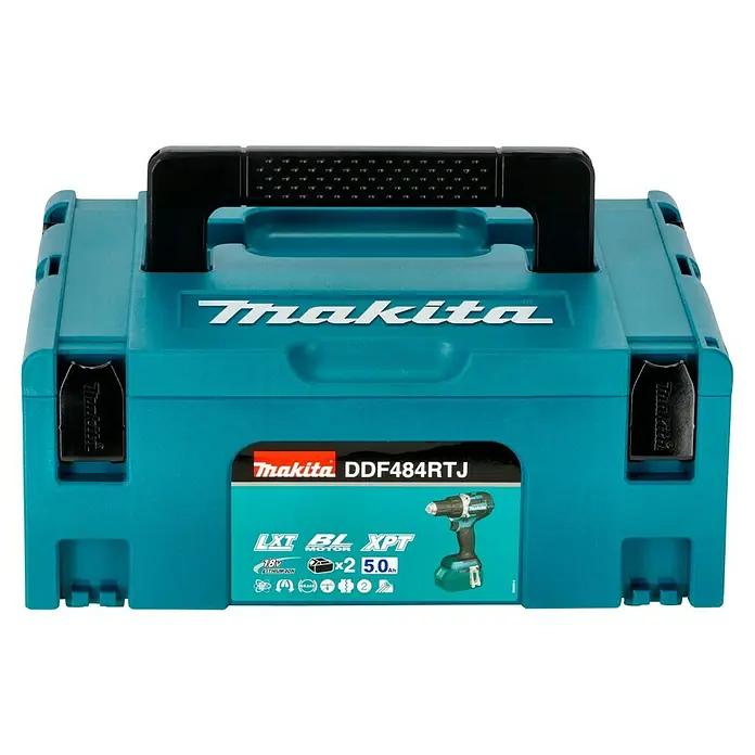 Makita LXT 18V Akku-Bohrschrauber DDF484RTJ - 18 V, 2 Akkus, 5 Ah, 54 Nm - Eine Makita DDF484RTJ Werkzeugkiste in Türkis mit schwarzem Griff und Aufdrucken. Das Gehäuse ist robust und stapelbar.