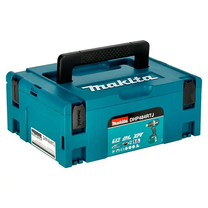 Makita LXT 18V Akku-Schlagbohrschrauber DHP484RTJ + Artikelnr. 33855482 hinzufügen* - 18 V, 2 Akkus, 54 Nm, Max. Schlagzahl: 30.000 /min - Eine blaue Makita Werkzeugbox mit schwarzem Griff. Auf der Vorderseite befindet sich ein Etikett mit dem Makita DHP484RTJ-Logo.