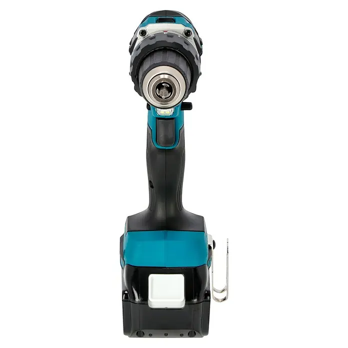 Makita LXT 18V Akku-Bohrschrauber DDF484RTJ + Artikelnr. 33855482 hinzufügen* - 18 V, 2 Akkus, 5 Ah, 54 Nm - Frontansicht eines Makita Akku-Bohrschraubers mit integriertem LED-Licht, ideal für präzises Arbeiten in dunklen Bereichen.