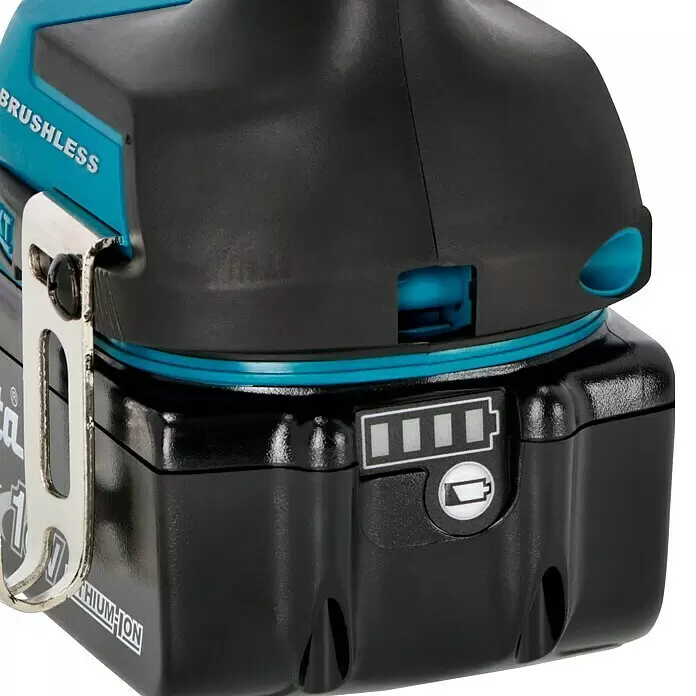 Makita LXT 18V Akku-Bohrschrauber DDF484RTJ - 18 V, 2 Akkus, 5 Ah, 54 Nm - Schwarz-türkises Elektrowerkzeug mit schwarzem Lithium-Ionen-Akku und Ladeanzeige.