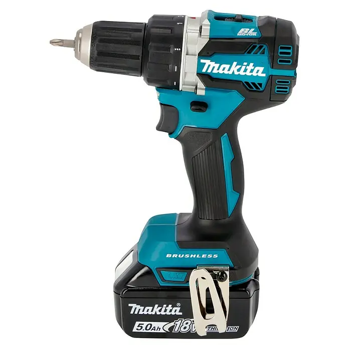 Makita LXT 18V Akku-Bohrschrauber DDF484RTJ - 18 V, 2 Akkus, 5 Ah, 54 Nm - Akku-Bohrschrauber von Makita, Modell mit blau-schwarzem Design, inklusive Akku und Bit, ideal für Profis und Heimwerker.