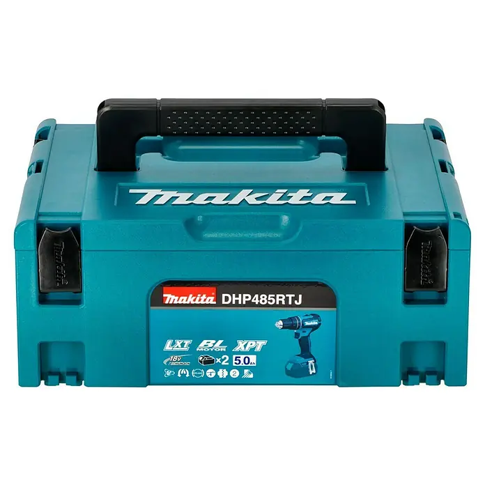 Makita LXT 18V Akku-Schlagbohrschrauber DHP485RTJ - 18 V, 2 Akkus, 5 Ah, 50 Nm - Makita DHP485RTJ Akku-Schlagbohrschrauber im robusten Transportkoffer, ideal für Baustelle und Werkstatt.
