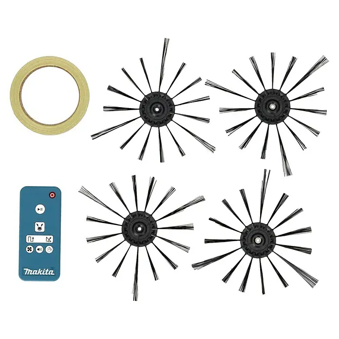 Makita LXT 18V Akku-Saugroboter DRC200Z - 18 V, Ohne Akku, Behältervolumen: 2,5 l, Akkulaufzeit: 200 min - Makita Staubsauger-Zubehör: Ein goldener Ring, vier Seitenbürsten und eine blaue Fernbedienung für das Sauggerät.