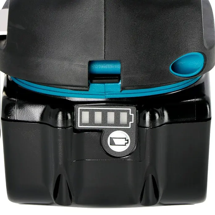 Makita LXT 18V Akku-Schlagbohrschrauber DHP485RTJ - 18 V, 2 Akkus, 5 Ah, 50 Nm - Nahaufnahme eines Akkus mit einer Anzeige, die den Ladestand mit drei von vier Balken darstellt.