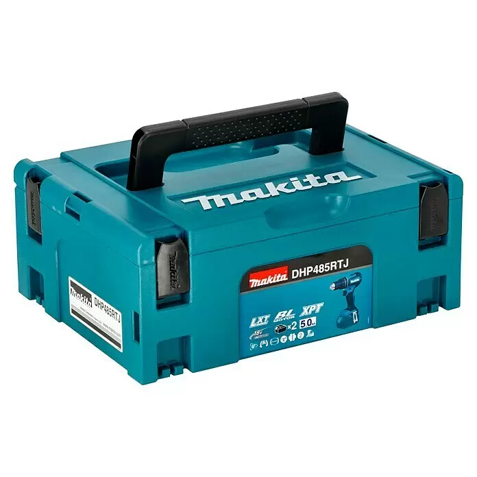Makita LXT 18V Taladro atornillador percutor de batería DDF485RTJ - 18 V, 2 baterías, 5 Ah, 50 Nm - Maletín Makita turquesa con asa y cierres negros, con etiquetas para taladro DHP485RTJ, 18V LXT BL XPT y dos baterías de 5.0Ah.