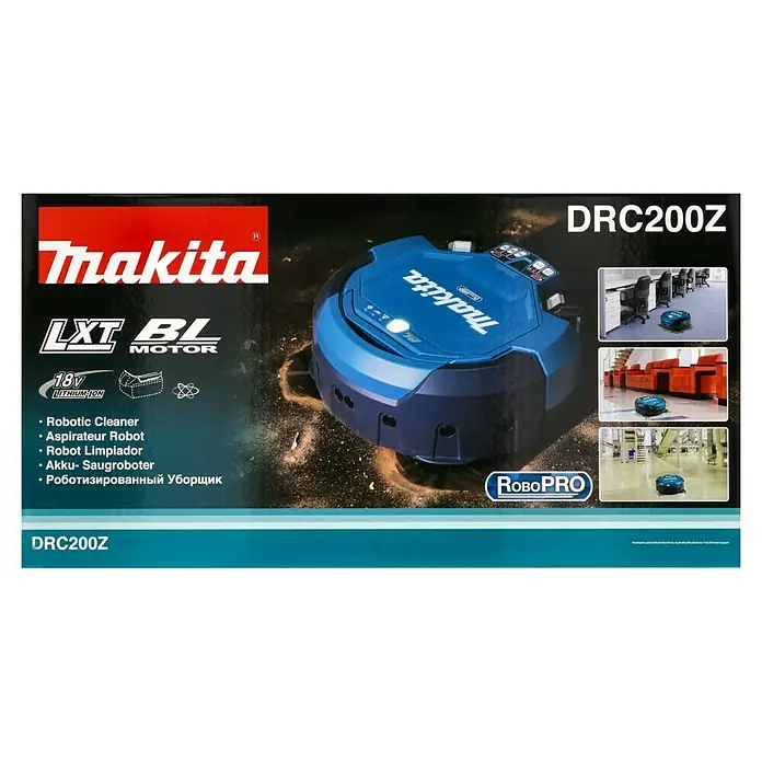 Makita LXT 18V Akku-Saugroboter DRC200Z - 18 V, Ohne Akku, Behältervolumen: 2,5 l, Akkulaufzeit: 200 min - Verpackung des Makita DRC200Z Roboterstaubsaugers, ideal für die effiziente Reinigung großer Flächen.