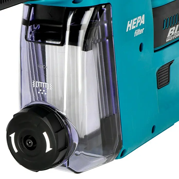 Makita LXT 18V Akku-Kombihammer DHR243RTJW18 V, 2 Akkus, 5 Ah, 2 J, Inkl. Staubabsaugung - Detailaufnahme eines Staubsaugers mit HEPA-Filter und transparentem Behälter zur Staubaufnahme.