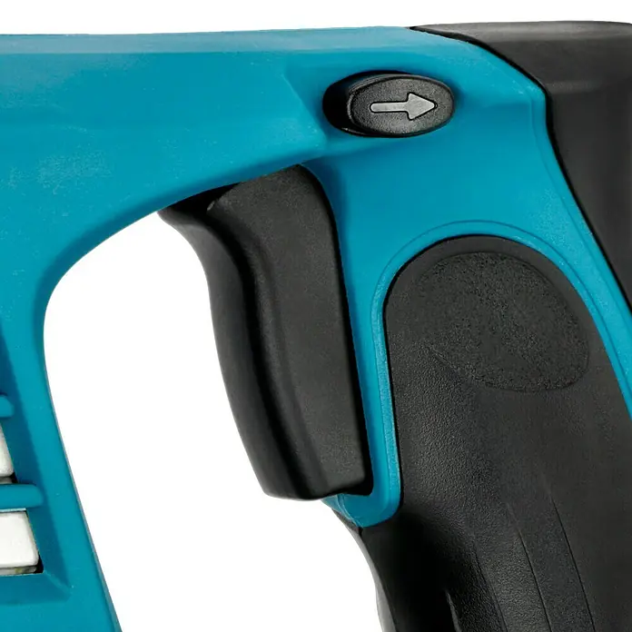 Makita LXT 18V Akku-Kombihammer DHR243RTJW + Artikelnr. 33855482 hinzufügen* - 18 V, 2 Akkus, 5 Ah, 2 J, Inkl. Staubabsaugung - Nahaufnahme eines blauen und schwarzen Werkzeugs mit einem Knopf und einem Griff.