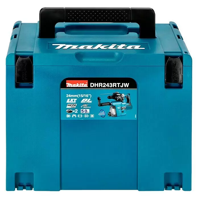 Makita LXT 18V Martillo combinado de batería DHR243RTJ - 18 V, 2 baterías, 5 Ah, 2 J, Con extracción de polvo - Caja de herramientas Makita azul con asa negra y una etiqueta para el taladro percutor DHR243RTJW.