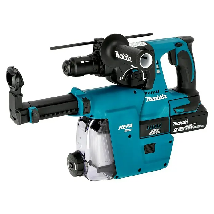 Makita LXT 18V Akku-Kombihammer DHR243RTJW + Artikelnr. 33855482 hinzufügen* - 18 V, 2 Akkus, 5 Ah, 2 J, Inkl. Staubabsaugung - Akkubohrhammer von Makita mit integrierter Staubabsaugung für sauberes und effizientes Arbeiten auf Baustellen.