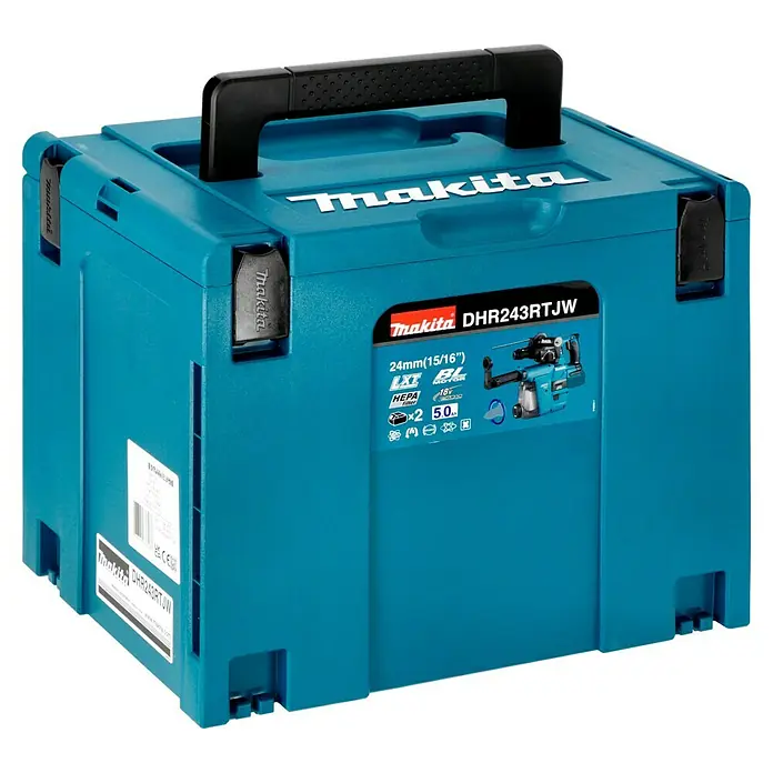 Makita LXT 18V Akku-Kombihammer DHR243RTJW + Artikelnr. 33855482 hinzufügen* - 18 V, 2 Akkus, 5 Ah, 2 J, Inkl. Staubabsaugung - Makita DHR243RTJW Werkzeugkoffer in Türkis mit schwarzem Griff, ideal für den Transport und die Aufbewahrung von Werkzeugen.