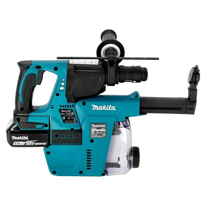 Makita LXT 18V Martillo combinado de batería DHR243RTJ - 18 V, 2 baterías, 5 Ah, 2 J, Con extracción de polvo - Taladro percutor a batería Makita 18V con extractor de polvo integrado, turquesa y negro.