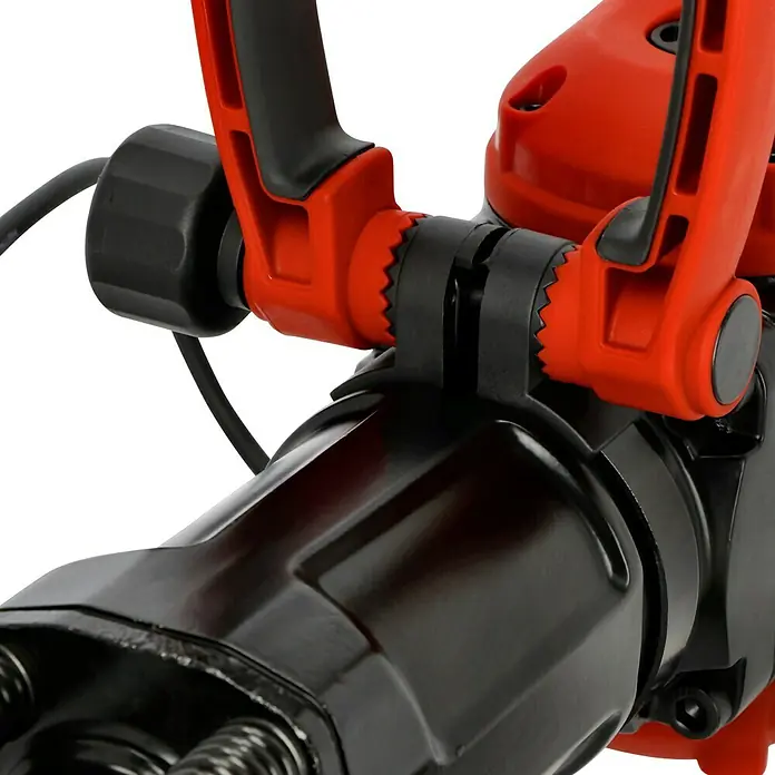 Einhell Professional Martillo demoledor TE-DH 50 - 1.700 W, 50 J, Alojamiento SDS-Hex - Primer plano de una máquina de limpieza de desagües negra y roja, diseñada para tareas de fontanería y eliminación de obstrucciones.