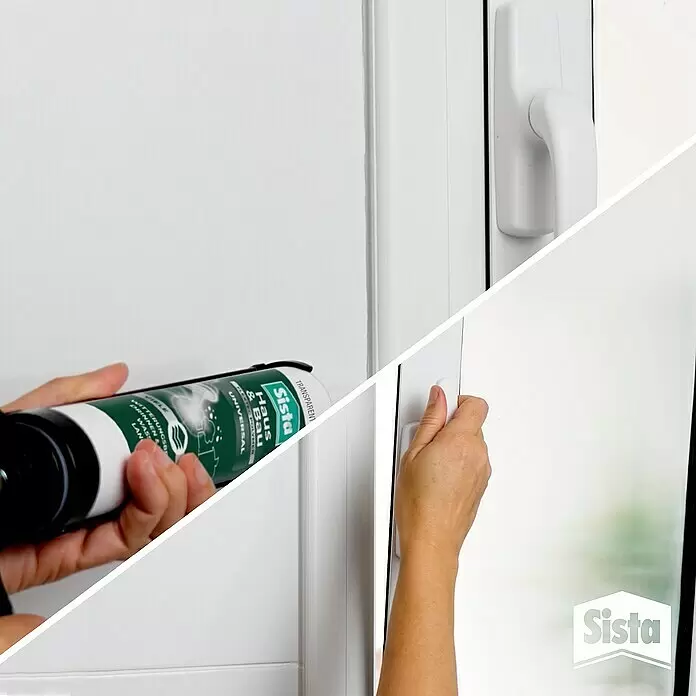 Sista Silikon Haus & Bau Universal - Transparent, 280 ml, Lösemittelfrei - Transparente Sista Haus & Bau Dichtstofftube in Händen, neben einem weißen Fensterrahmen mit Hand am Griff.
