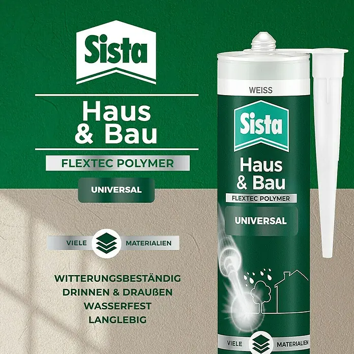 Sista Silikon Haus & Bau Universal - Weiß, 280 ml, Lösemittelfrei - Abbildung eines Sista Haus & Bau Dichtstoffs auf grünem Hintergrund, der für verschiedene Materialien geeignet ist.