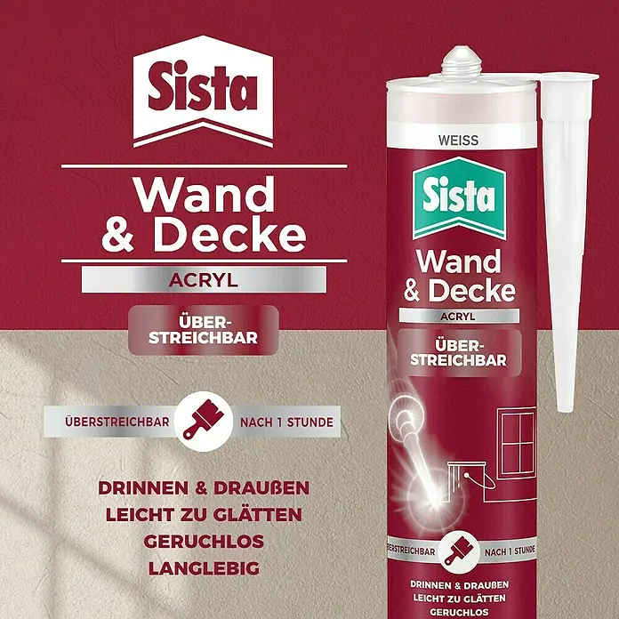 Sista Acryl Wand & Decke - Weiß, 280 ml - Sista Wand & Decke Acryl Dichtstoff: Überstreichbarer Dichtstoff für Wand und Decke, ideal für Innen- und Außenbereiche.