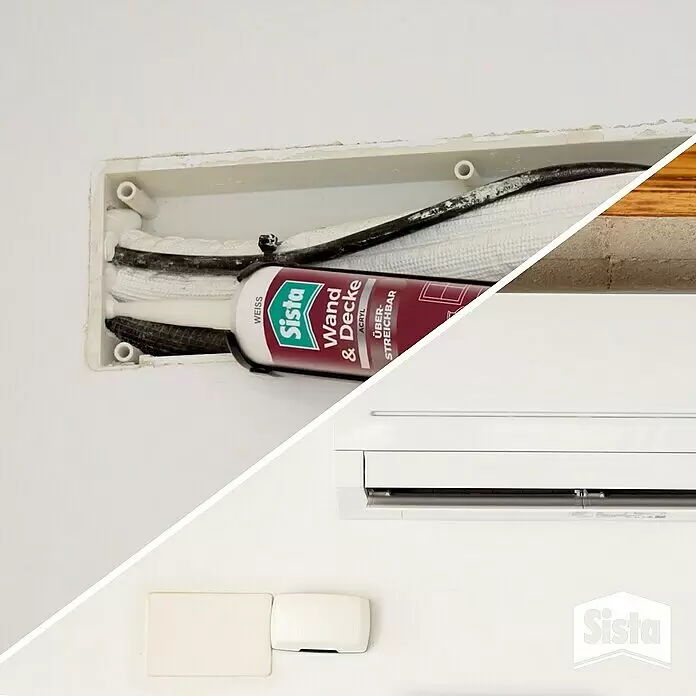 Sista Acryl Wand & Decke - Weiß, 280 ml - Sista Wand & Decke Acryl Dichtmasse dichtet Spalten um Kabel und Rohre, mit Klimaanlage und Schalter sichtbar.