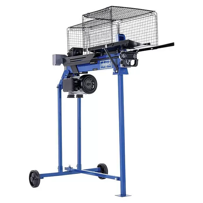 Scheppach Holzspalter LS700UG mit Untergestell - 7 t, Max. Spaltgutlänge: 52 cm - 200 mm - Blauer Scheppach Vario Holzspalter aus Metall mit schwarzem Drahtschutzgitter und Transporträdern.