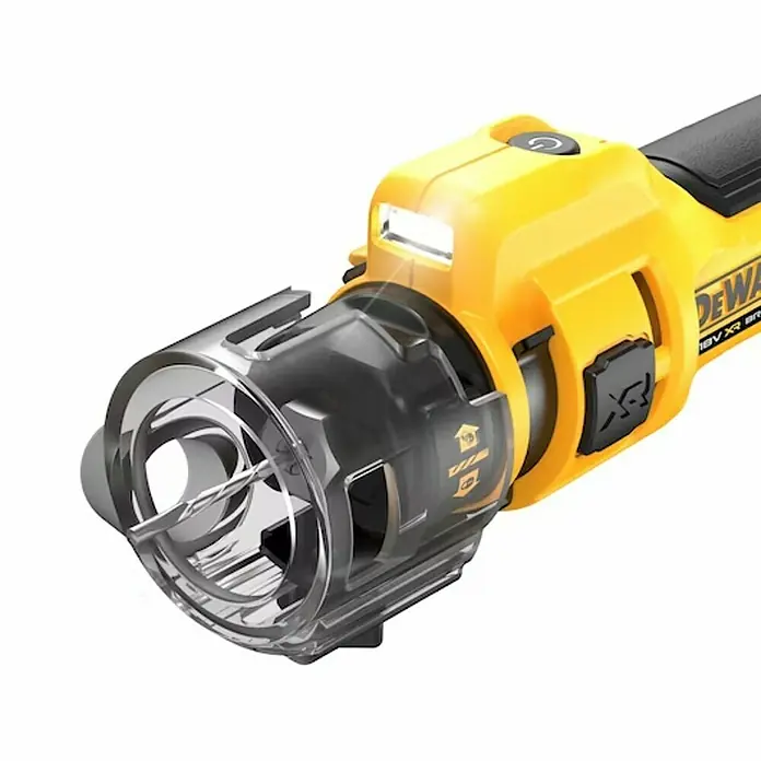 DeWalt XR 18V Sierra de sable de batería DCE555N-XJ - 18 V, Sin batería, Número de oscilaciones marcha en vacío: 26.000 r.p.m. - Primer plano de una herramienta eléctrica amarilla DeWalt con protección transparente, diseñada para tareas de perforación precisas.