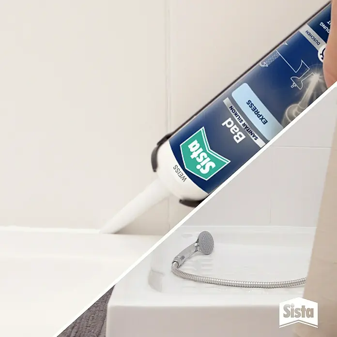 Sista Sanitär-Silikon Express - Weiß, 280 ml - Das Bild zeigt eine Kartusche Sista Bad Sanitär Silikon Express, die für Sanitäranwendungen geeignet ist.