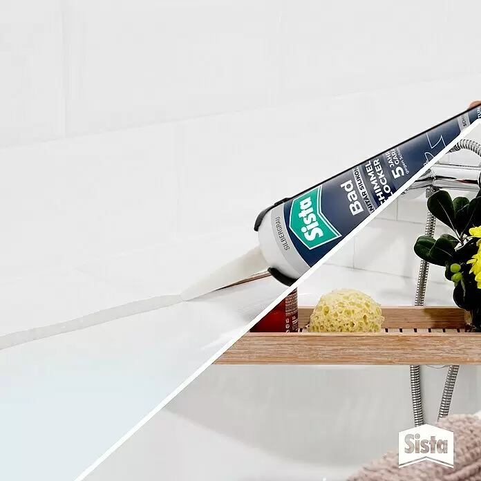 Sista Sanitär-Silikon - Hellgrau, 280 ml - Sista Bad Dichtstoffkartusche, die silbergraues Silikon entlang einer Badewannenkante aufträgt.