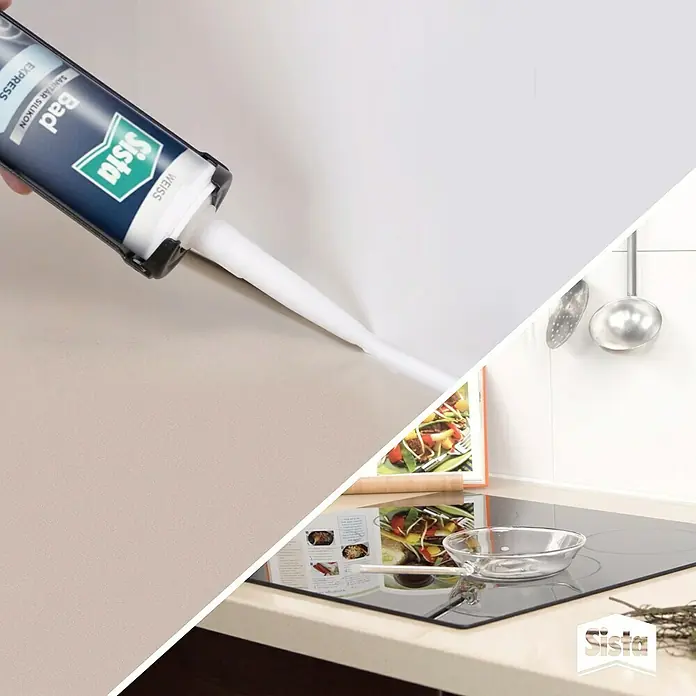 Sista Sanitär-Silikon Express - Weiß, 280 ml - Das Bild zeigt Sista Sanitär-Silikon, ideal für Bad und Küche, präsentiert in einem cleveren, diagonal geteilten Produktfoto.