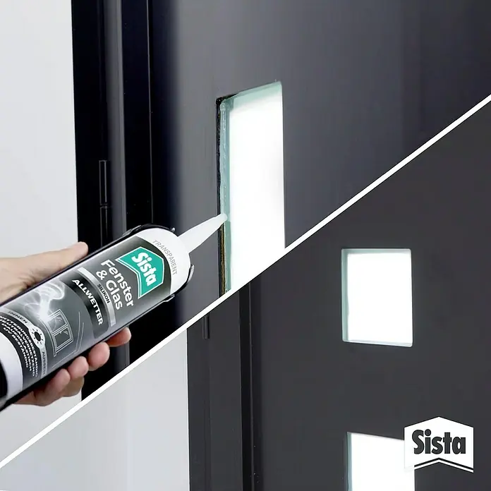 Sista Fenster-Silikon Fenster & Glas - Transparent, 280 ml - Das Bild zeigt die Fenster & Glas Silikon-Dichtmasse von Sista im Einsatz, ideal für Fensterabdichtungen. Perfekt für dauerhaften Schutz.