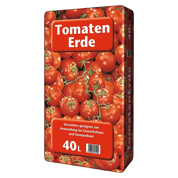 Floragard Tomaten- & Gemüseerde - 40 l - Abbildung einer 40-Liter-Packung Tomatenerde, die mit saftigen roten Tomaten und informativen Etiketten verziert ist.