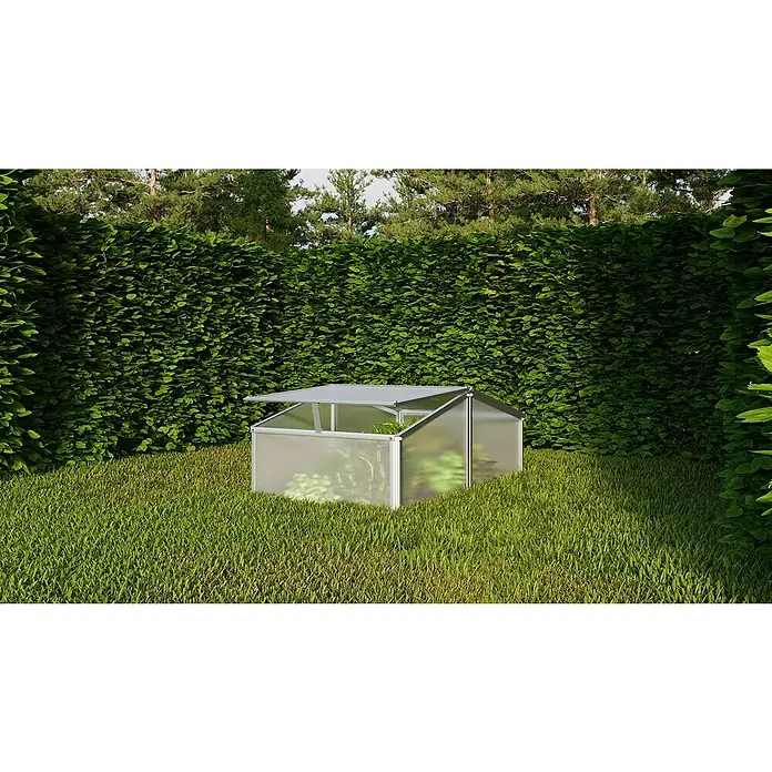 Vitavia Frühbeet Gaia XS - 60 x 100 x 26 cm, Transparent, Polycarbonat - Das Bild zeigt ein kleines, silbernes Gewächshaus im Garten, mit geöffnetem Deckel, umgeben von Rasen und einer hohen grünen Hecke.
