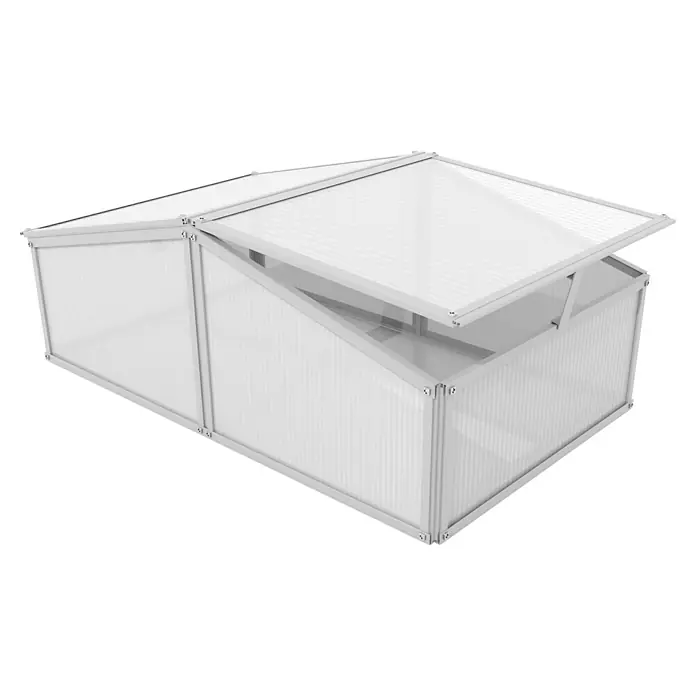 Vitavia Frühbeet Gaia XS - 60 x 100 x 26 cm, Transparent, Polycarbonat - Das Bild zeigt ein kleines, weißes Gewächshaus mit einem teilweise geöffneten Dach, ideal für den Garten.