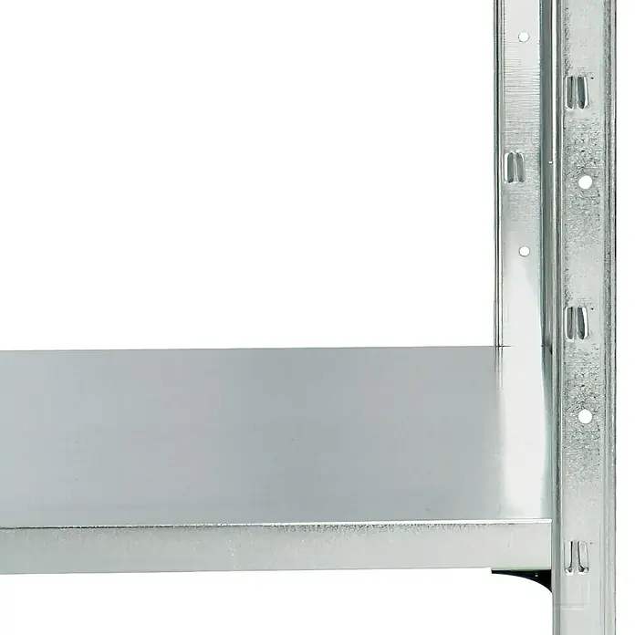 Regalux Metallregal - H x B x T: 160 x 84 x 30 cm, Traglast pro Boden: 40 kg, Anzahl Böden: 4 Stk., Stecken, Silber - Detailansicht eines stabilen Metallregals, das durch seine robuste Bauweise und die glänzende Oberfläche besticht. Ideal für Lager und Werkstatt.