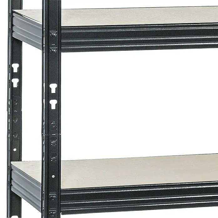 Schwerlastregal - H x B x T: 180 x 160 x 50 cm, Traglast pro Boden: 300 kg, Anzahl Böden: 6 Stk., Stecken, Schwarz - Nahaufnahme eines stabilen Metallregals mit mehreren Regalböden, ideal für Lagerung und Organisation.