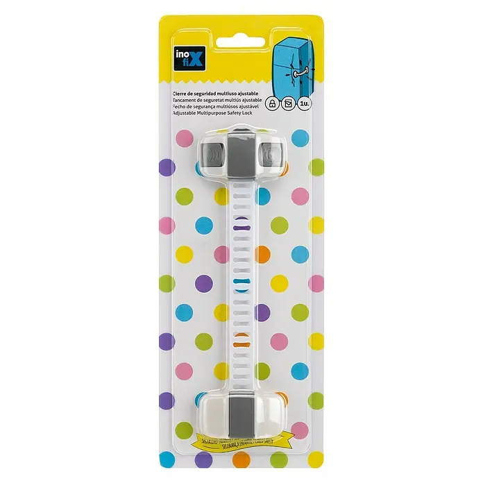 Inofix Cierre para muebles 5102-2- - Blanco/gris, Tipo de montaje: Pegado - El cierre de seguridad multiuso ajustable Inofix ofrece protección fiable para armarios y cajones. Seguridad infantil práctica con estampado de lunares.