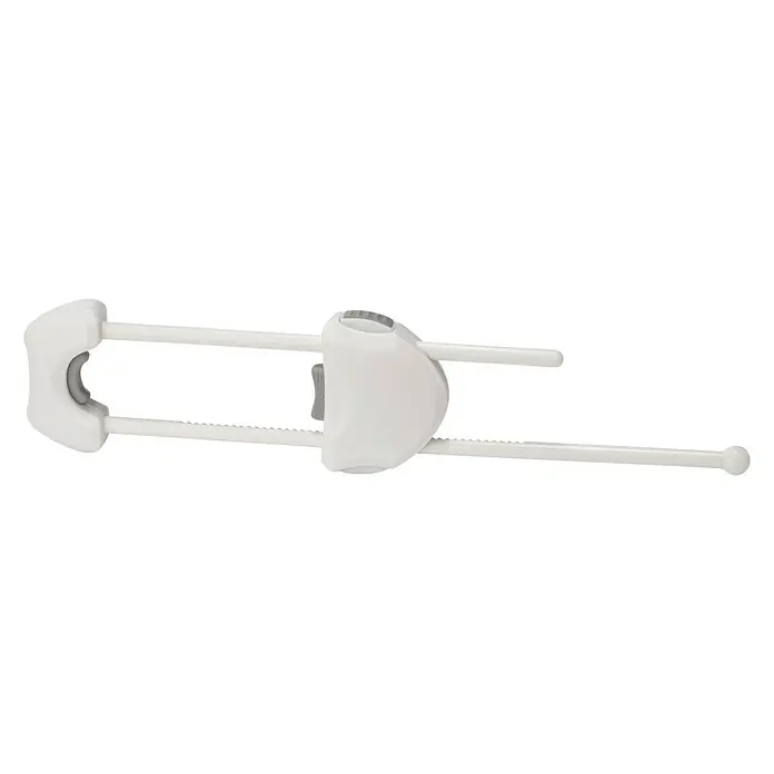 Inofix Cierre para muebles 5106-2- - Blanco, Tipo de montaje: Inserción - La imagen muestra un bloqueo de armario blanco ajustable, utilizado para la seguridad infantil. Es de plástico y está orientado horizontalmente.