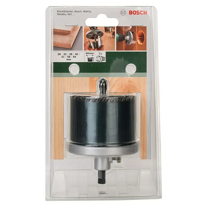 Bosch Mehrkranzlochsäge - Durchmesser: 26 mm - 64 mm, 7 -tlg. - Nahaufnahme einer Bosch Lochsäge in ihrer Verpackung. Das Werkzeug ist für Black&Decker, Makita und andere Marken geeignet.