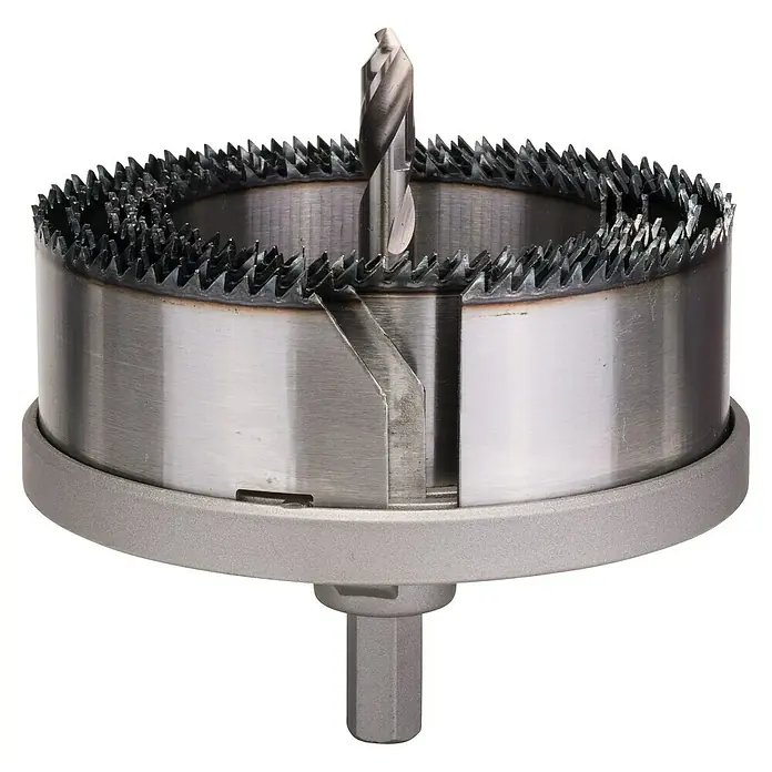 Bosch Mehrkranzlochsäge - Durchmesser: 68 mm - 100 mm, 5 -tlg. - Diese Aufnahme zeigt eine Lochsäge mit Zentrierbohrer, ein Werkzeug zum präzisen Bohren von Löchern in verschiedene Materialien.