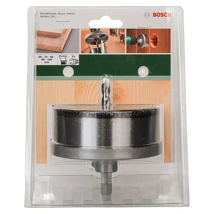 Bosch Mehrkranzlochsäge - Durchmesser: 68 mm - 100 mm, 5 -tlg. - Das Bild zeigt eine Bosch Lochsäge in ihrer Verpackung, ein Werkzeug zum Bohren großer Löcher in verschiedene Materialien.