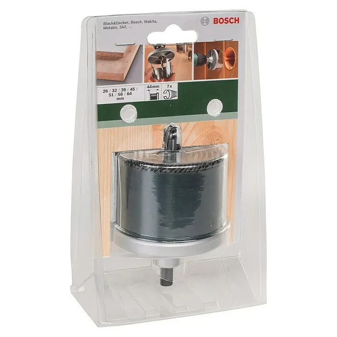 Bosch Mehrkranzlochsäge - Durchmesser: 26 mm - 64 mm, 7 -tlg. - Nahaufnahme der Bosch Lochsäge in einer durchsichtigen Verpackung, die die Säge und ihre Spezifikationen zeigt.