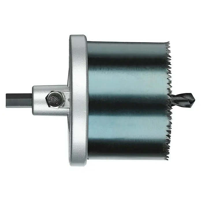 Bosch Mehrkranzlochsäge - Durchmesser: 26 mm - 64 mm, 7 -tlg. - Nahaufnahme einer Lochsäge mit Zentrierbohrer und silbernem Schaft auf schwarzem Hintergrund, ein Werkzeug für präzise Löcher.