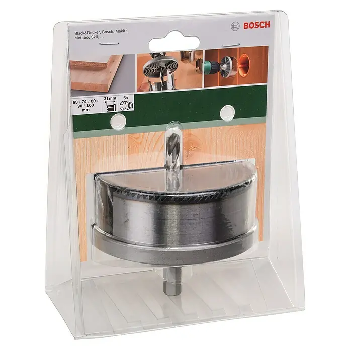 Bosch Mehrkranzlochsäge - Durchmesser: 68 mm - 100 mm, 5 -tlg. - Nahaufnahme einer Bosch Lochsäge in einer transparenten Verpackung, die Kompatibilität mit verschiedenen Marken hervorhebt.
