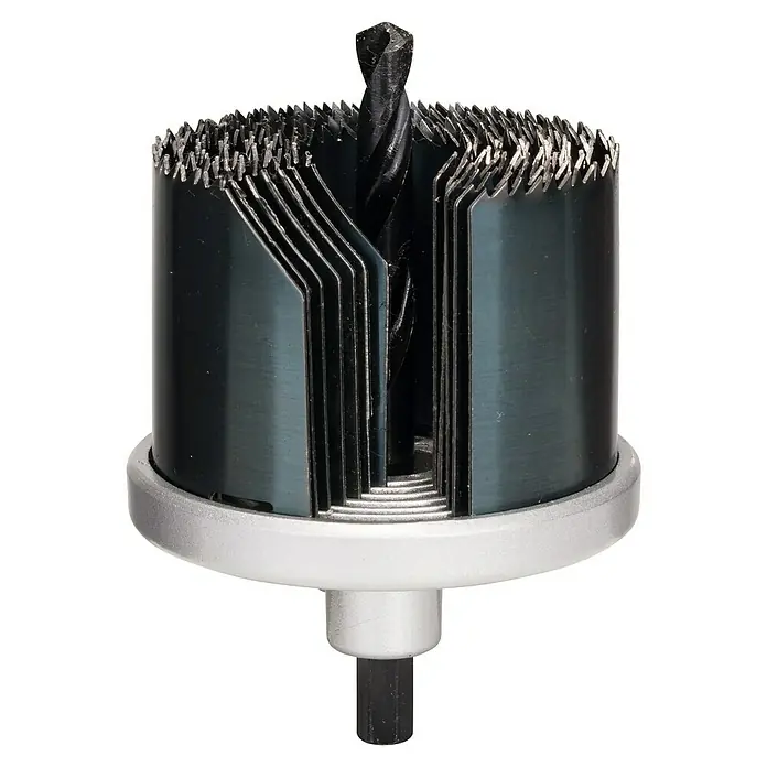 Bosch Mehrkranzlochsäge - Durchmesser: 26 mm - 64 mm, 7 -tlg. - Das Bild zeigt eine Lochsäge mit Zentrierbohrer, die zum Bohren von Löchern in verschiedene Materialien verwendet wird.