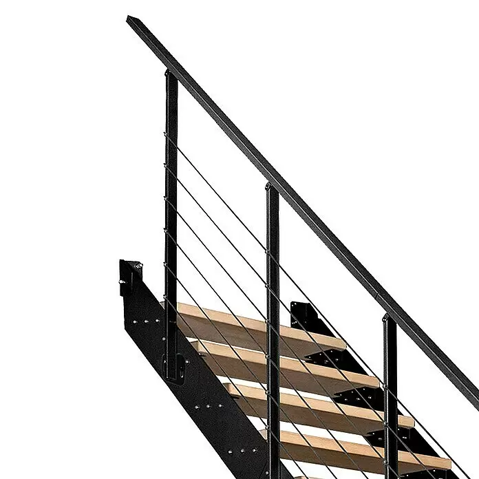 Atrium Wangentreppe Prosto - Farbton Metall: RAL 9005, Breite: 80 cm, Buche, Geschosshöhe: 274,5 cm - 285 cm - Moderne Treppe mit schwarzem Metallrahmen, hellen Holzstufen und Kabelgeländer.