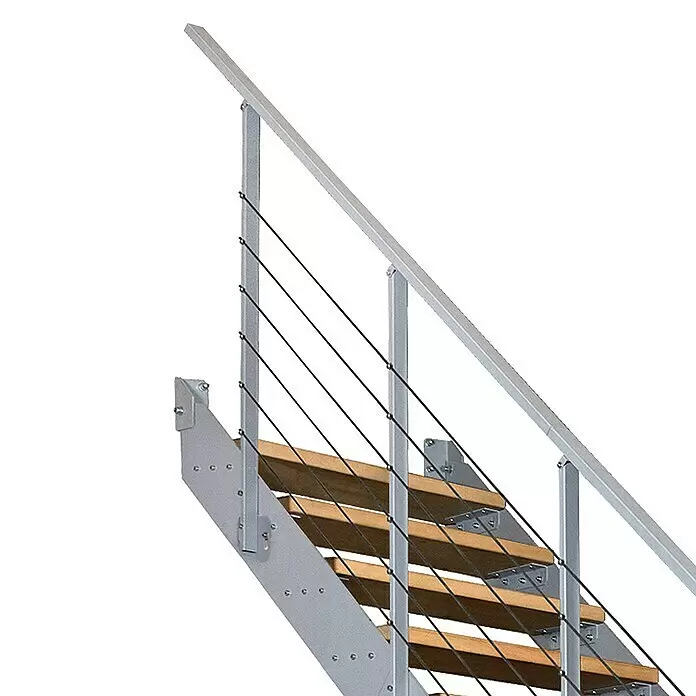 Atrium Wangentreppe Prosto - Farbton Metall: RAL 9006, Breite: 80 cm, Buche, Geschosshöhe: 274,5 cm - 285 cm - Moderne Treppe mit silbergrauem Metallrahmen, Holzstufen und schwarzem Seilgeländer.