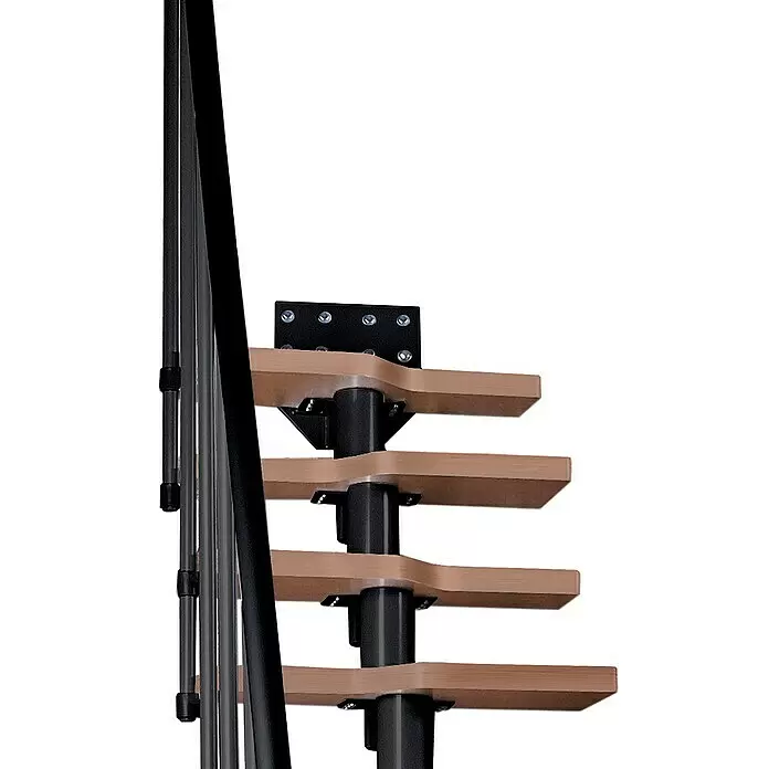 Atrium Raumspartreppe Mini - Farbton Metall: RAL 9005, Breite: 60 cm, Buche, Geschosshöhe: 222 cm - 300 cm - Nahaufnahme einer modularen Wendeltreppe mit schwarzer Metallsäule, Balustrade und hellbraunen Holzstufen.