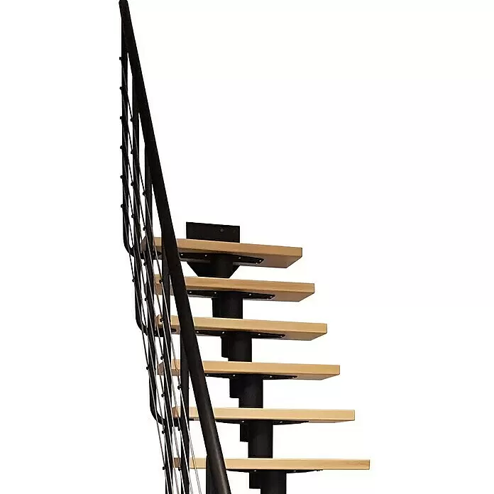 Atrium Mittelholmtreppe Dixi Plus - Farbton Metall: RAL 9005, Breite: 70 mm, Buche, 1/4-gewendelt, Geschosshöhe: 222 cm - 300 cm - Modulare Treppe mit hellen Holzstufen und schwarzem Metallgeländer.